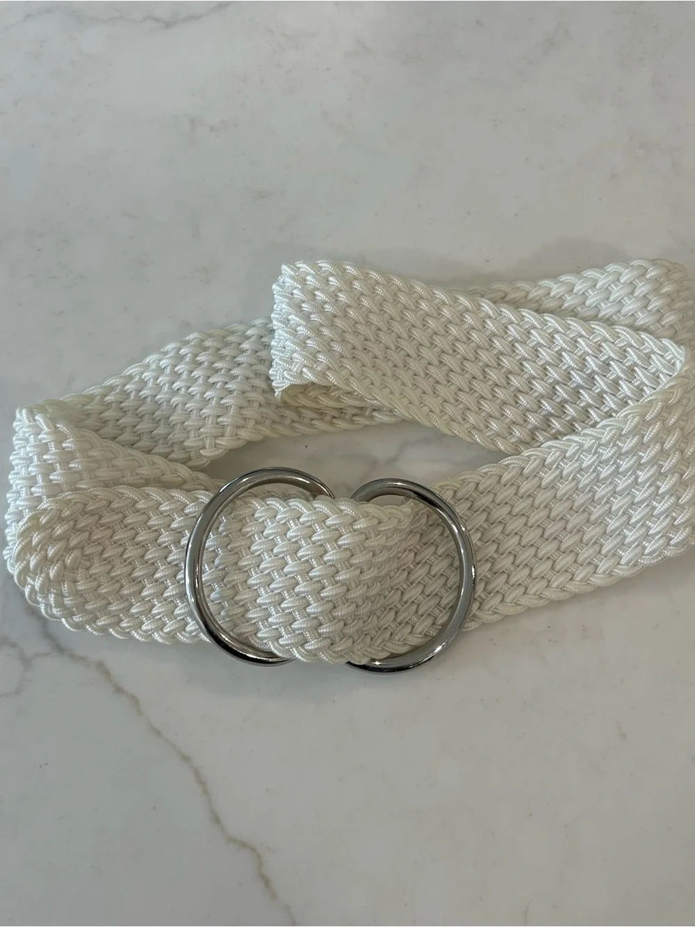 Lauren Ralph Lauren White Braided Double Ring Silver Nylon Belt 2”W